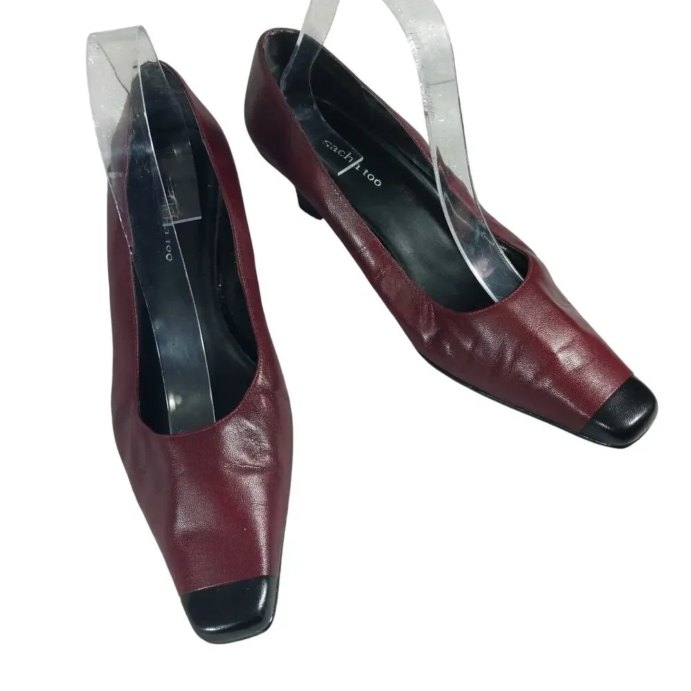 SACHA TOO! BURGUNDY & BLACK GENUINE LEATHER NIP TOE MODIFIED KITTEN HEELS! SZ 8M